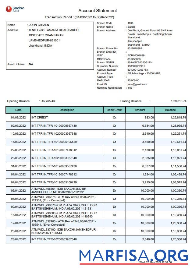 Downloadable India Bandhan bank statement word template